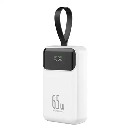 Бяла Преносима батерия с LED дисплей, голям капацитет 20000 mAh и 65W мощност на зареждане. Подходяща за смартфони, таблети и някои лаптопи - 2