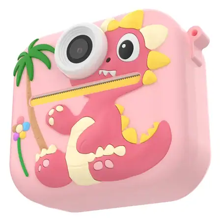 Фотоапарат играчка с термален принтер Xmart P9. Всяко дете може да заснеме видео и снимка през двете вградени камери и веднага да разпечата забавно копие на хартия. Защитен кейс розов динозавър - 3