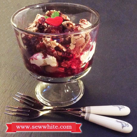 Chocolate Meringue Fruit Pudding made with meringue, cream and warm fruits. Served in a glass jar