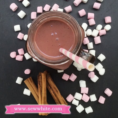 Raspberry Chocolate Cinnamon Milkshake surrounded by mini marshmallows and cinnamon sticks