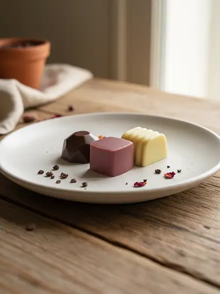 Ruby, lemon & praline chokolade anrettet på en tallerken