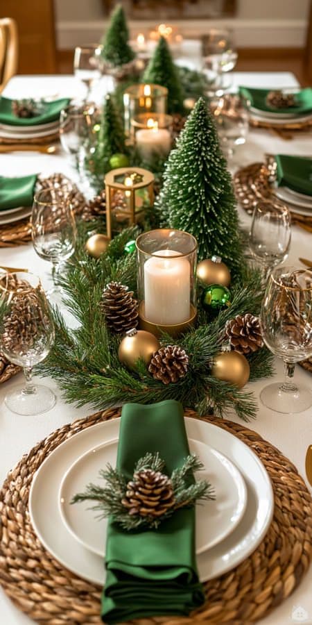 Elegant Christmas table centerpieces featuring a greenery runner - candles and pine cone accents.