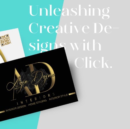 business cards on a blue and grey background the text says unleashing creative designs with click