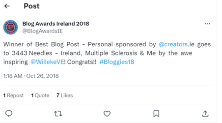 Announcement 3443 Needles won 2018 Best Blog Post Award in Ireland Blog Award Competition by Ashville Media Group, Dublin