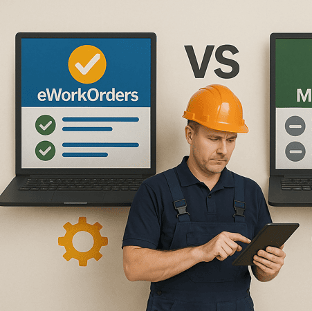 Maintenance worker comparing CMMS software on laptops, choosing eWorkOrders over MaintainX.