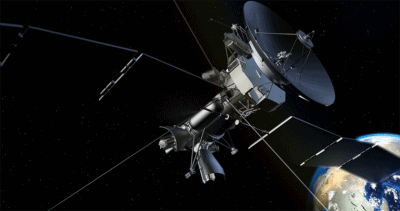 An image of a satellite viewed from orbit.
