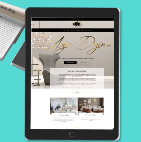a tablet on blue background showing tablet screen of azindzine website.