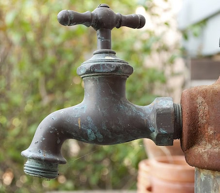 water spigot in front of blurred bush