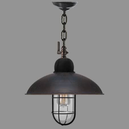 Industrial single pendant with antique metal dome and caged well glass