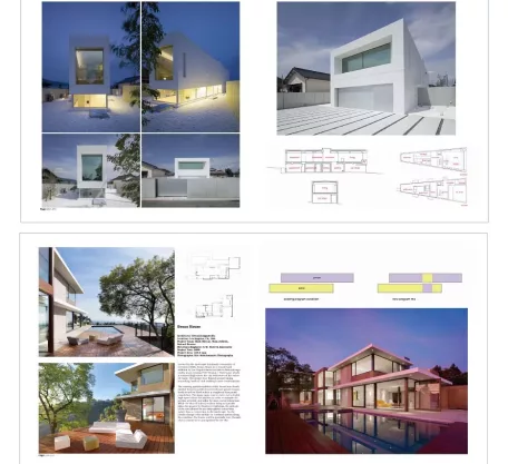 Modern minimalist white residential house with large rectangular windows and clean angular lines.