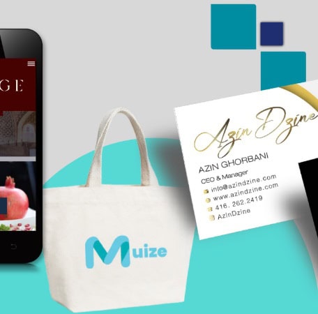 muiz website bag and business cards on grey and blue background