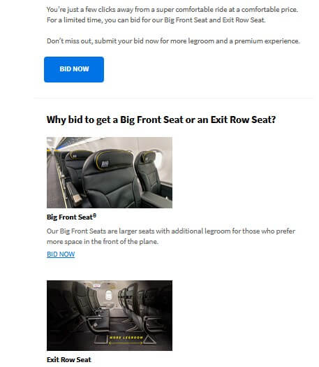 Spirit Airlines review: email inviting customers to bid on a seat upgrade