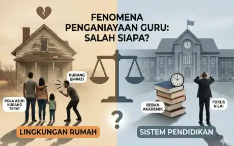 Ilustrasi fenomena penganiayaan guru oleh siswa di lingkungan sekolah dan diskusi orang tua.