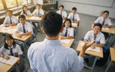 Ilustrasi guru sedang menerapkan gaya mengajar efektif di depan kelas yang antusias.