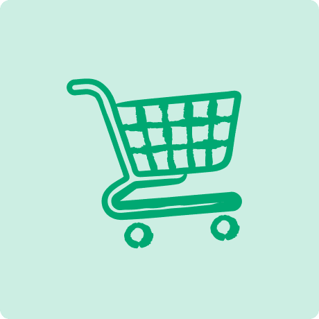 Green shopping cart icon on a light teal background