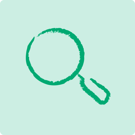 Green magnifying glass icon on a light teal background