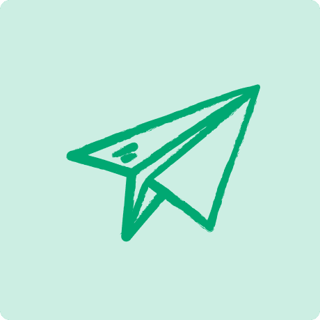 Green icon of a paper airplane on a light teal background