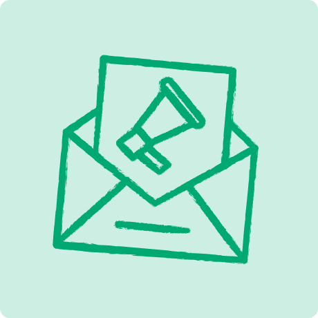 Green icon of an envelope with a megaphone inside on a light teal background