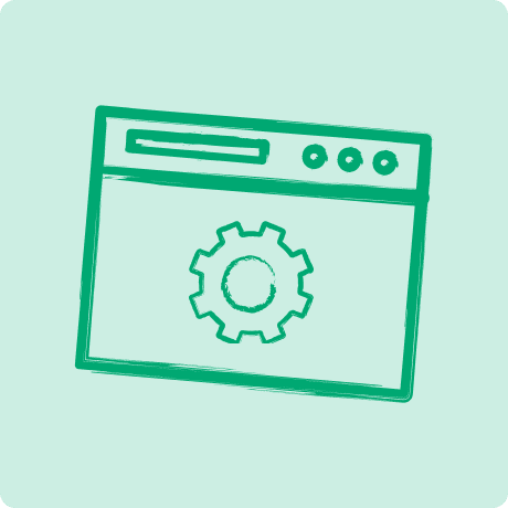 Green browser window icon with a gear inside on a light teal background