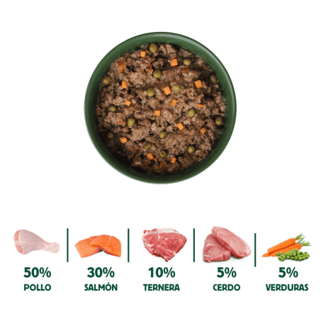 Lata Guiso del Pescador Salmón, Pollo y Ternera para perro, detalle