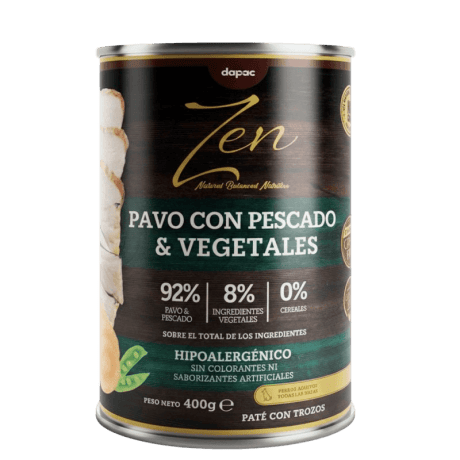 Zen Pavo con Pescado y Vegetales Paté con trozos hipoalergénico 400g Para Perros