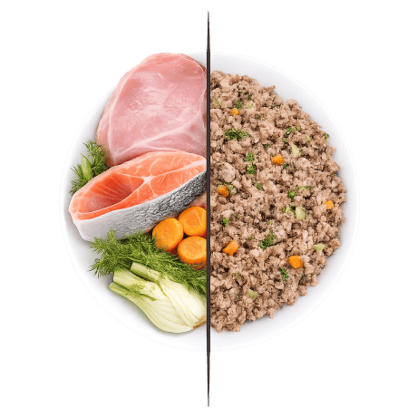 Cocinado: Men&uacute; Pollo y Salm&oacute;n Delice Congelado Cocinado para perro, detalle