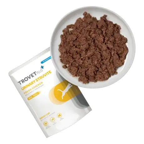 Textura del alimento húmedo Trovet Plus Urinary Struvite para gatos con pollo fresco, servido en plato