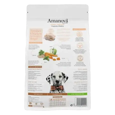 Parte trasera del saco de pienso Amanova Puppy Medium con pollo para cachorros, con la información del producto