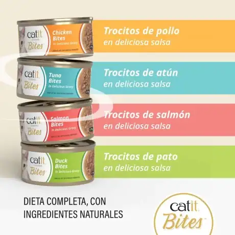 Sabores de Catit Cuisine Bites Selection para gatos: pollo, atún, salmón y pato en salsa