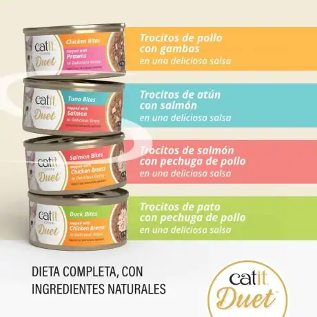 Sabores de Catit Cuisine Duet Selection para gatos: pollo con gambas, atún con salmón, salmón con pechuga de pollo y pato con pechuga de pollo