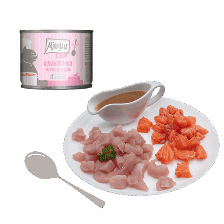 Pavo y Salmón Escaldada MjAMjAM para gato, detalle