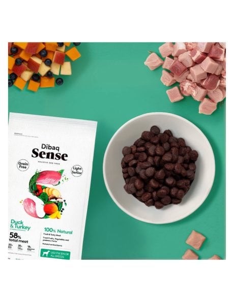Pienso Dibaq Grain Free de pato y pavo light para perro, detalle