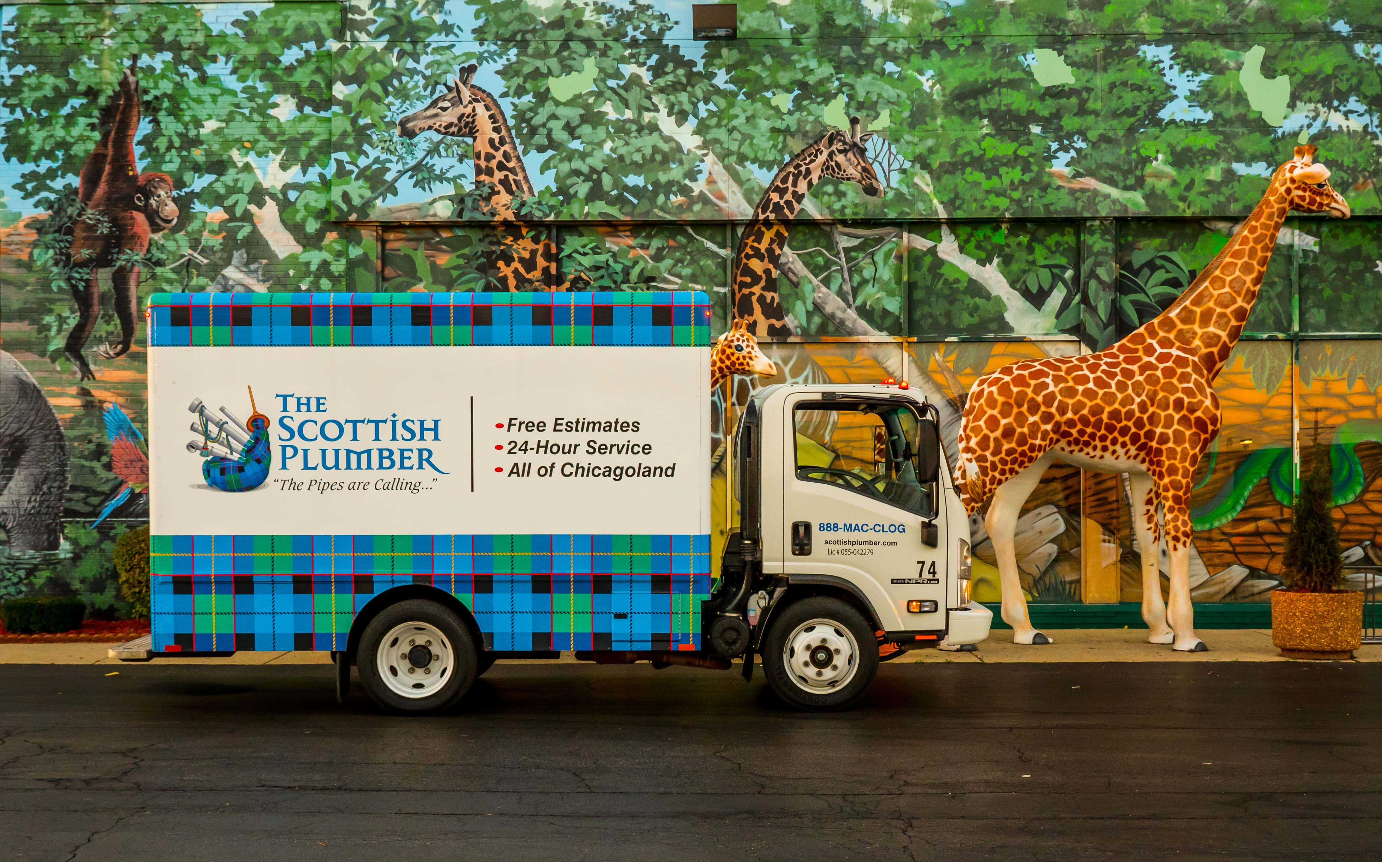The Scottish Plumber in front of Safari Land in Villa Park
