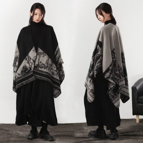 Simple Cashmere Dark Style Split Cloak Warm