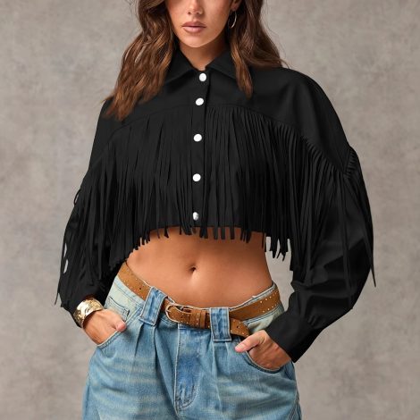 Women's Solid Color Tassel Trimmed Front Buckle Elegant Long Sleeved Jacket