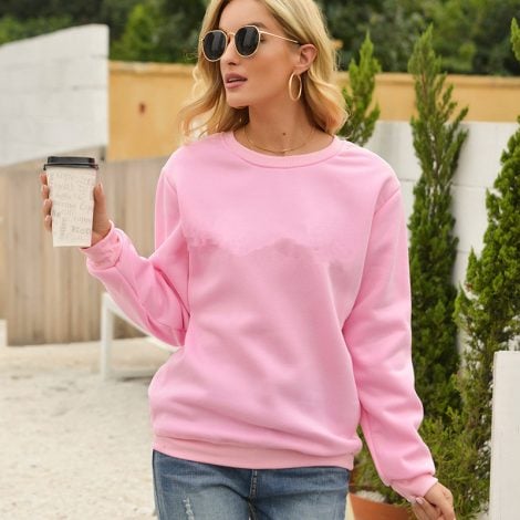 Fleece-lined Thick Round Neck Loose-fitting Solid Color Long Sleeves Sweater