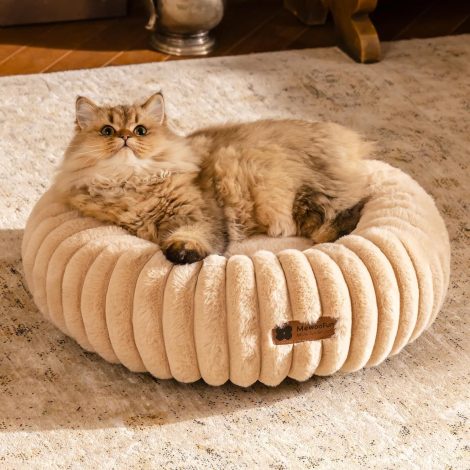 MEWOOFUN Donut Cat Bed - Washable Round Pet Bed For Indoor Cats & Kittens, Fluffy Non-Slip Calming Bed For Small Dogs, Light Brown