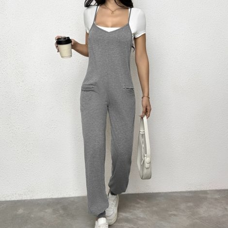 Women's New V-neck Solid Color Camisole With Pocket Details And Ankle Binding Jumpsuit