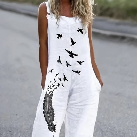 Women's Linen Workwear, Casual Version, Casual Feather Print, Sleeveless Bib, Vacation Lazy Jumpsuit, Jumpsuit
