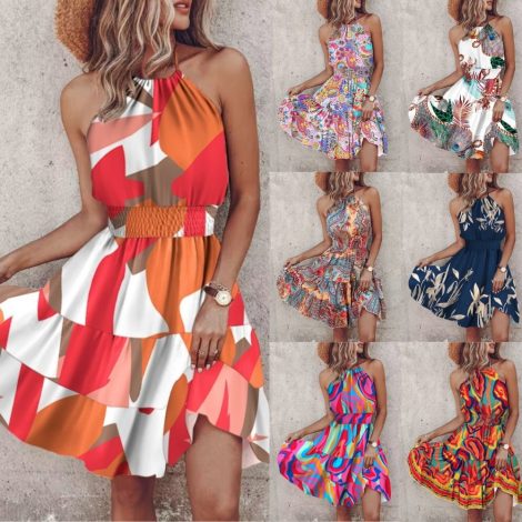 Summer European And American New Printed Halter Women's Dress