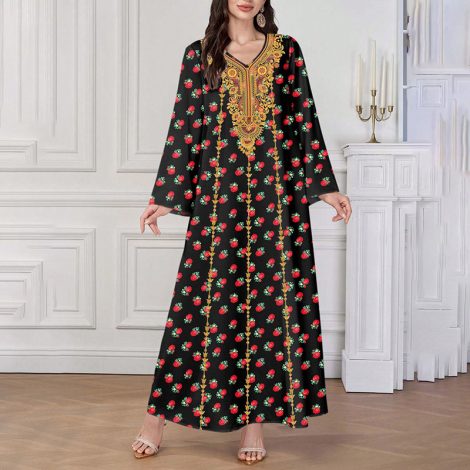 Women's Plus Size Ethnic Maxi Dress - Bohemian Embroidered Floral Print V-Neck Retro Long Dress