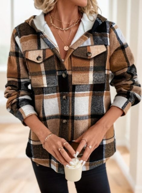 Women's Plaid Hooded Jacket - Casual Long Sleeve Shacket With Button Front