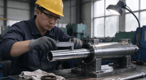 Technician inspecting hollow chrome piston rod surface finish and wiper seal on hydraulic cylinder