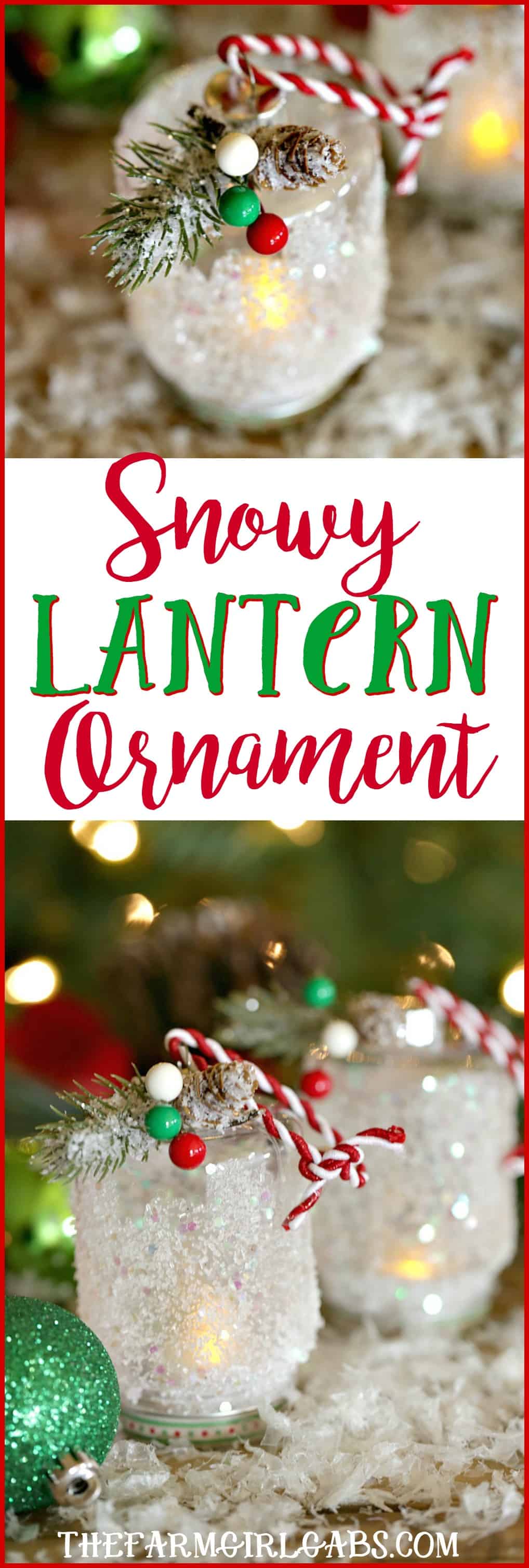 This easy DIY Snowy Lantern Ornament will shine brightly on your Christmas tree. #craft #Christmas #Ornament #DIY #ChristmasCraft #ChristmasOrnament