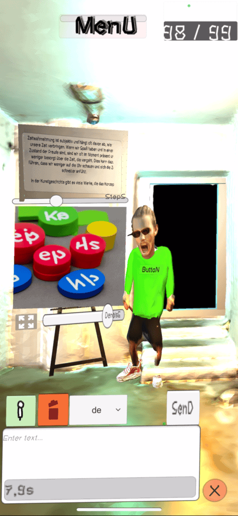 Digital scene from Pascal Sender’s interactive artwork with a 3D animated character and German text about time perception.
