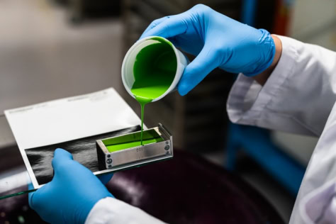 Labor, Farbtafel, grüne Farbe, blaue Handschuhe, Farbmuster