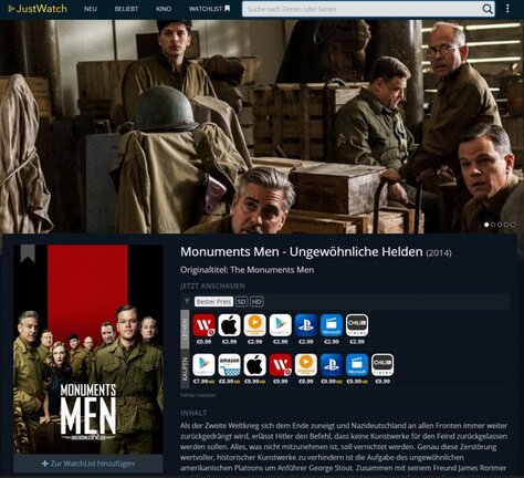 So sehen die Angebote zu einem gewählten Film aus