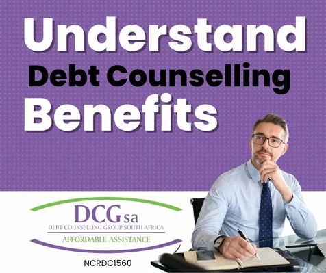 Illustration of a person holding a shield labeled 'Debt Counselling' blocking arrows labeled 'Stress,' 'Financial Pressure,' and 'Debt Overload,' symbolizing the protective benefits of debt counselling