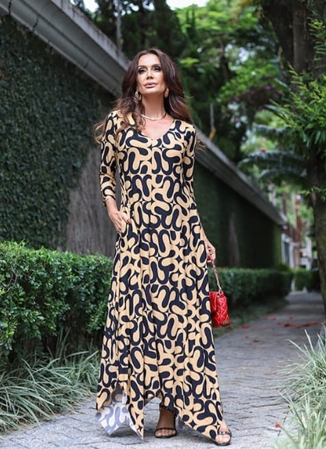 Vestido Longo Luna Estampa Exclusiva Malha Térmica Barra Assimétrica - Imagem 2