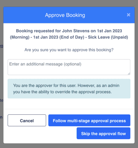 A modal window showing the multi-stage approval workflow